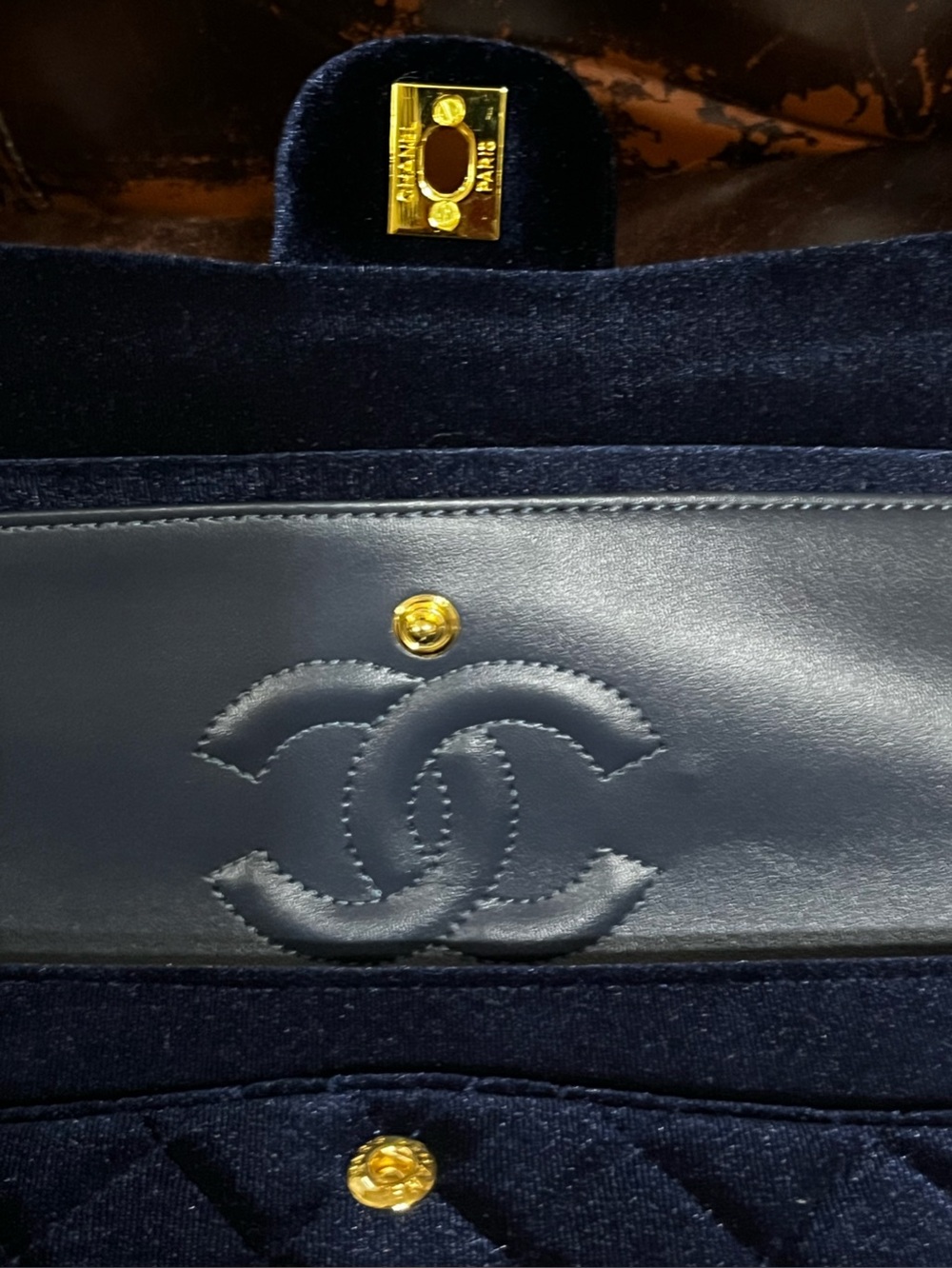Double C Navy Blue Gold Tone Hardware Quilted Velvet Chain Strap Flap Bag Purse - Picture 10 of 10
